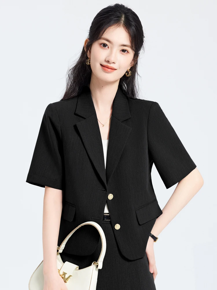 

Black Short Sleeve Suit Jacket Women's Casual Thin Fashion Small Size Short Length Suit Set Summer New Arrival Straight Cut