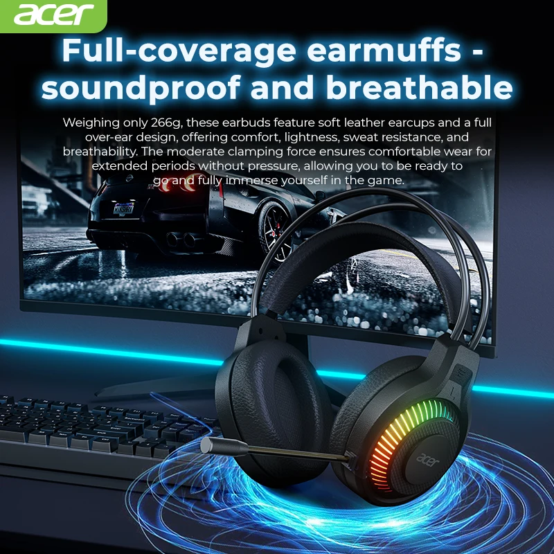 سماعات أذن سلكية بإضاءة رائعة RGB، سماعات أذن منخفضة الكمون مع ميكروفون، سماعات أذن مريحة قابلة للتنفس، تأثيرات صوتية محيطة للعبة #5