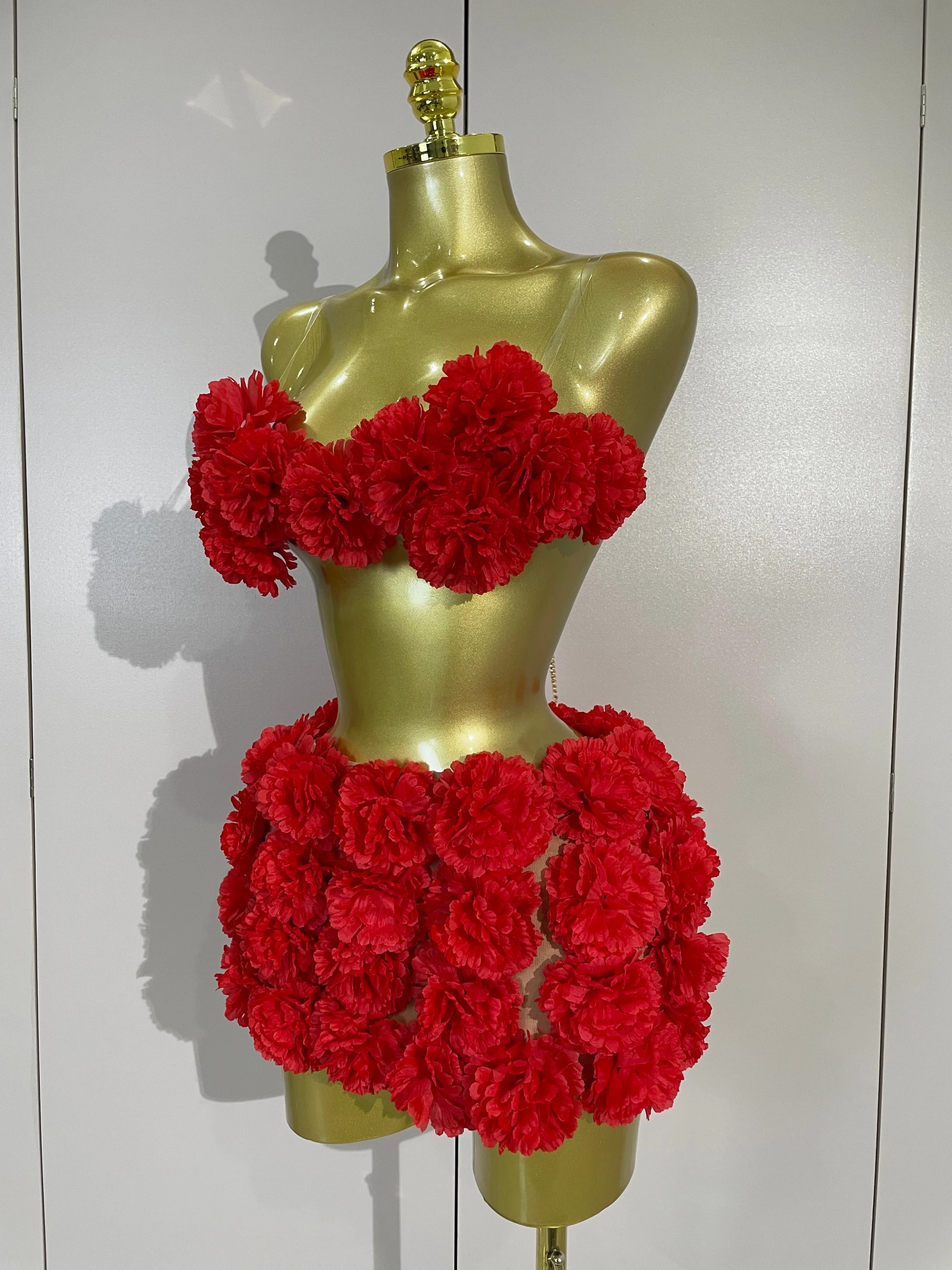 Women Sexy Red 3D Flowers Top Mini Dress Two Piece Set Eveing Party Girls Birthday Nightclub Stage Dress Holiday Photo Shoot Set