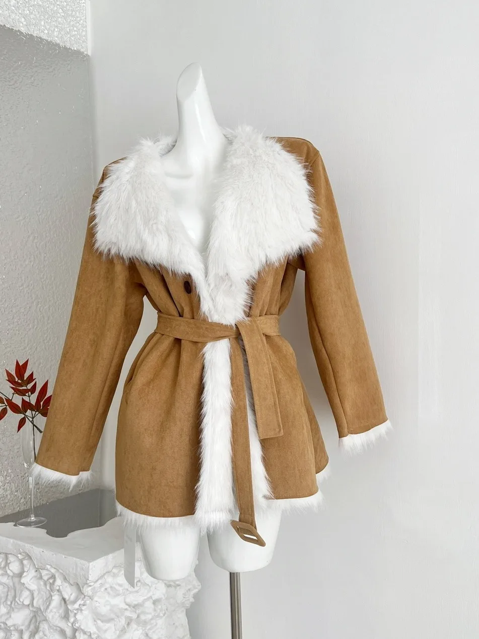 

Retro Sle Women's ort Fur Coat Autumn Winter Large Collar Suede Simulation Commuter Coat Medium Length Open Sle