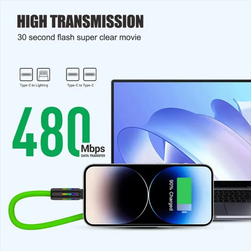 NNBILI 240W 4-in-1 Fast Charging Data Cable Colorful RGB Breathing Light USB C To Type-C High-speed Transmission Charger Cable