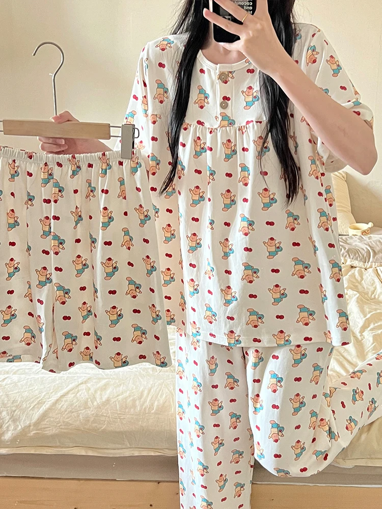 Letni komplet odzieży domowej z czystej bawełny dla kobiet, długie spodnie, słodki styl studencki, z kapturem, wygodny i oddychający.