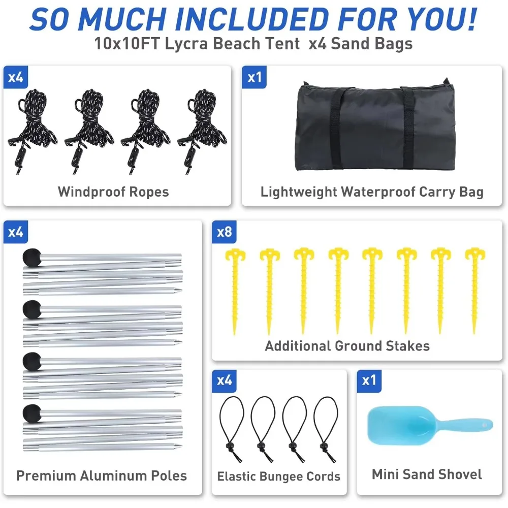 مظلة منبثقة UPF50+ 4 عمود تثبيت/حقيبة حمل/حبل مصدات الرياح محمول في الهواء الطلق مظلة عائلية للتخييم والشاطئ وصيد الأسماك والنزهة