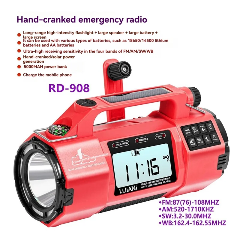 ABSQ-HRD908 راديو طوارئ متعدد الوظائف مع نطاقات AM/FM/SW/WB مصباح يدوي كبير، مكبر صوت كبير، مولد كرنك يدوي