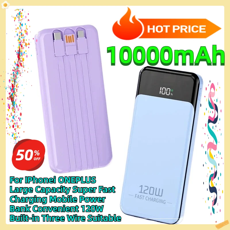 

For IPhonei ONEPLUS 10000mAh Large Capacity Super Fast Charging Mobile Power Bank Convenient 120W Built-in Three Wire Suitable