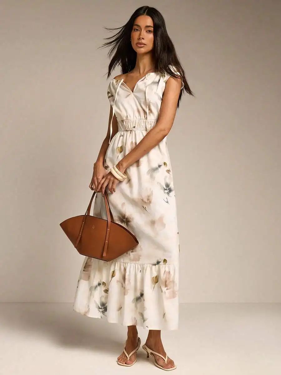 

Elegant Floral Print Dress With Tie Collar Elastic Back Ruffle Hem Women Summer Casual Vacation Dress