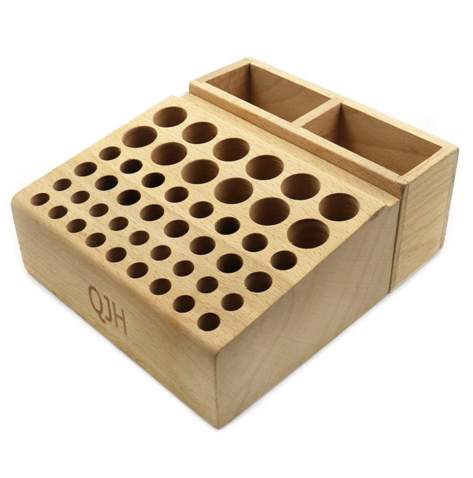 QJH Handwerkzeughalter-Box mit 46/98 Löchern, Organizer, Holzständer für Lederhandwerk, Stanzwerkzeuge, Schnitzwerkzeuge, Bohrer-Aufbewahrung – Detail 7