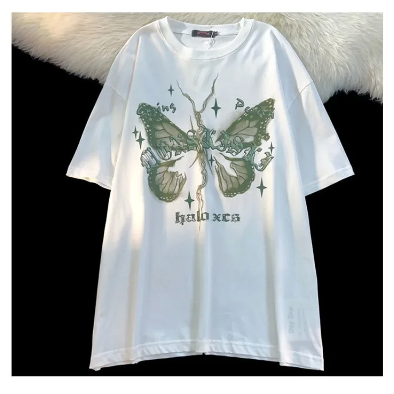 American Retro Pure Cotton Butterfly Printed Short Sleeved T-shirt for Men and Women Loose and Versatile Couple Half Sleeved Top