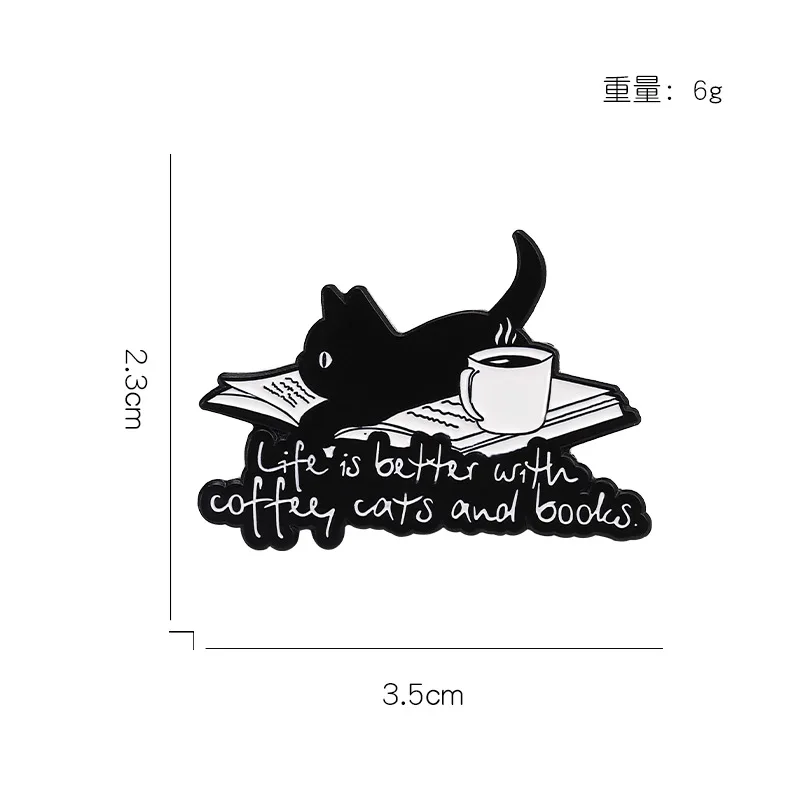 Cute Cartoon Animal Enamel Pin Life is Better with Coffee Cats and Books Brooch Decorative Metal Lapel Jewelry Badge for Friends
