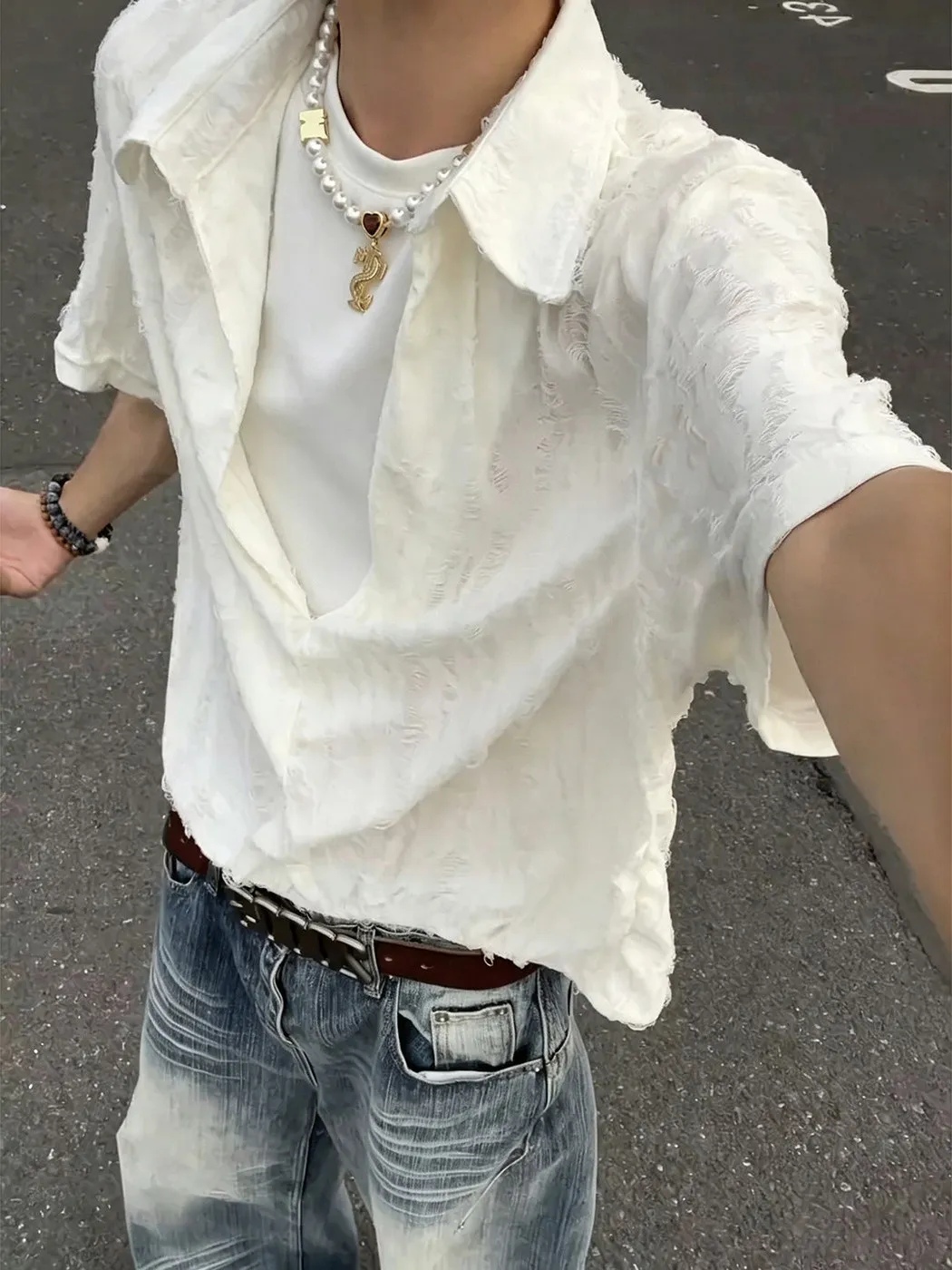 Men's Summer Thin Short Sleeve Shirt Hole Design Breathable High-End Feeling T-Shirt Sun Protection Outerwear Standard Fit