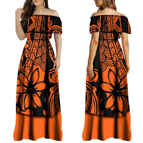 New Design Women'S Off-The-Shoulder Dress Fashion Banquet Evening Gown Big Man Long Dress Polynesian Tribal Ethnic Dress
