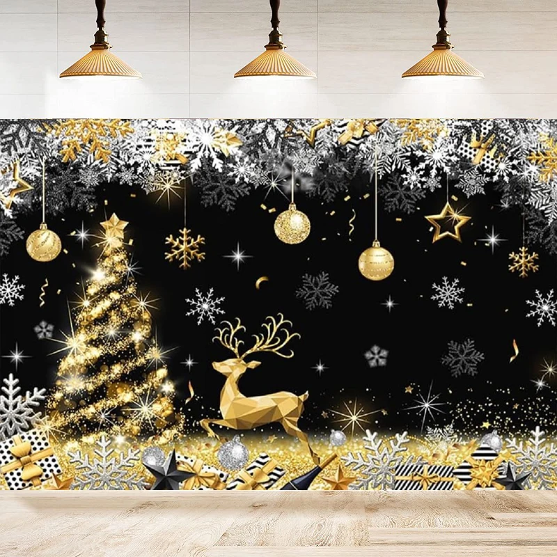 Winter Christmas Photography Backdrop Bell Gold Glitter Snowflake Xmas Tree Reindeer Background Home Party Backdrop Wall Banner