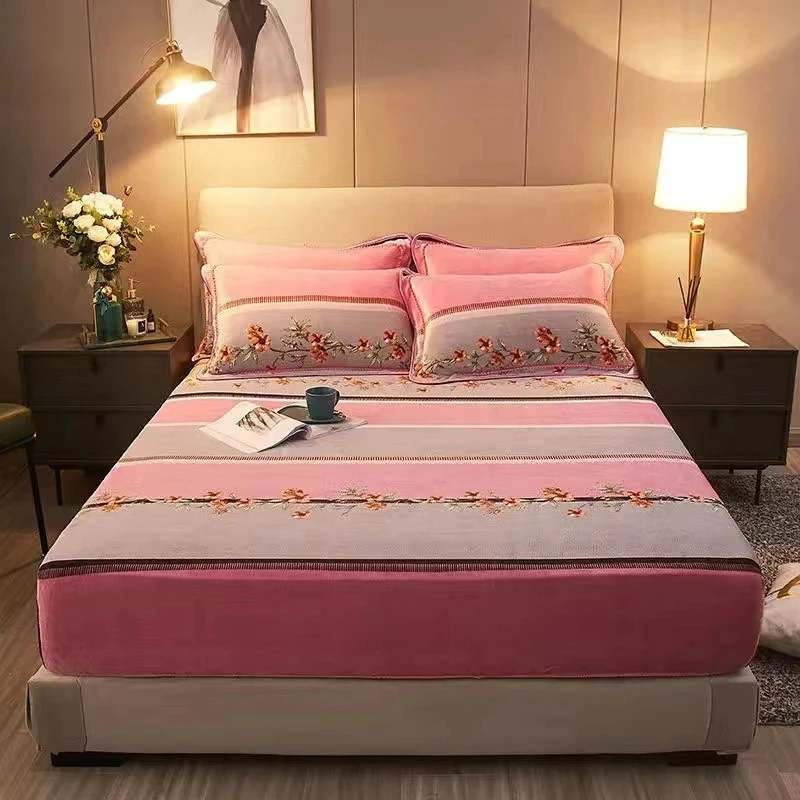 JUSTCHIC 1pcs Bed 200/200x220cm Fitted Sheet Warm Soft Crystal Velvet Flower Print Bedsheet Matress Cover (Without Pillowcase)