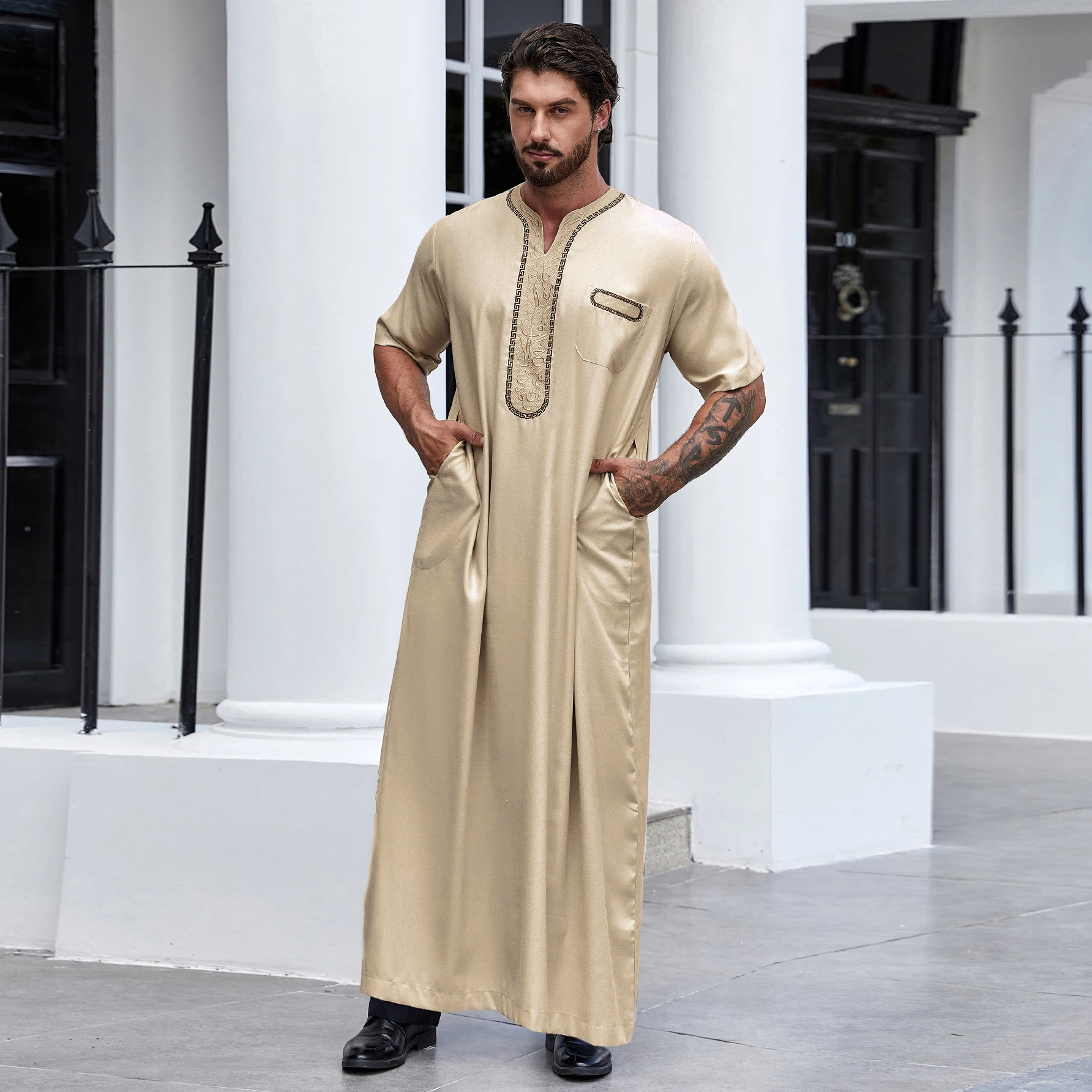 Ramadan Islam Muslim Men Clothing Abaya Embroidered Short Sleeve Robe, Middle Eastern Arab Dubai Style Traditional Shirt Thobe