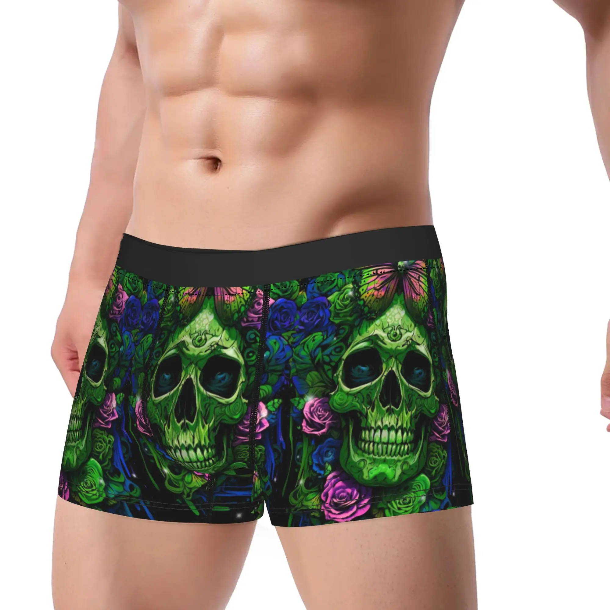 Horror Green Rose Skull Portrait Boxer Shorts  3D Pouch Underwear Trenky DIY Boxer Brief Classic Males Underpants Large Size
