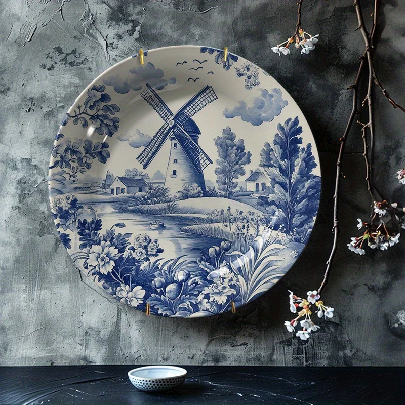 1pc Dutch Windmill Ceramic Wall Art - Vintage Blue & White Countryside Scene with Windmills, Houseboats & Lush Greenery, Rustic