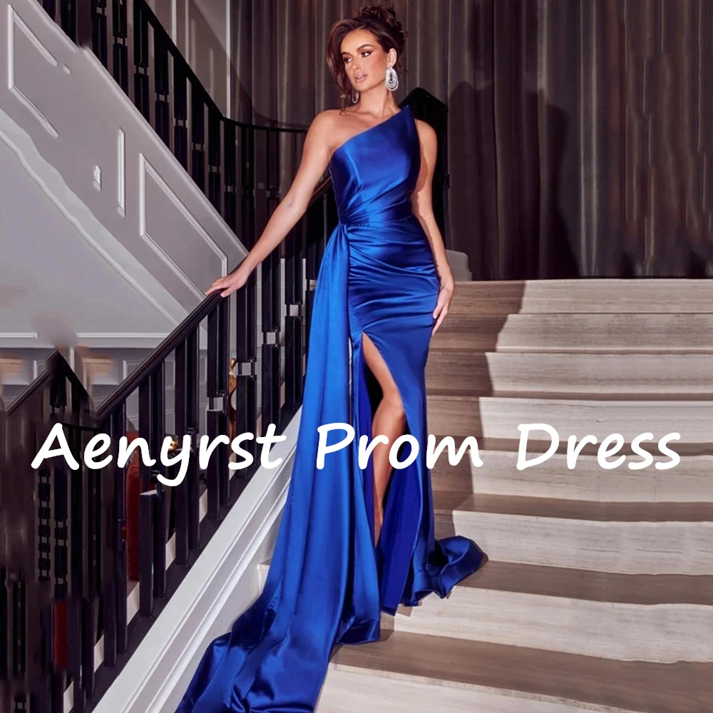 Aenyrst-Robe de Rhsirène sans bretelles en satin bleu royal, élégante, fendue sur le côté, robe de soirée plissée, quelle que soit la longueur au sol, QueParty