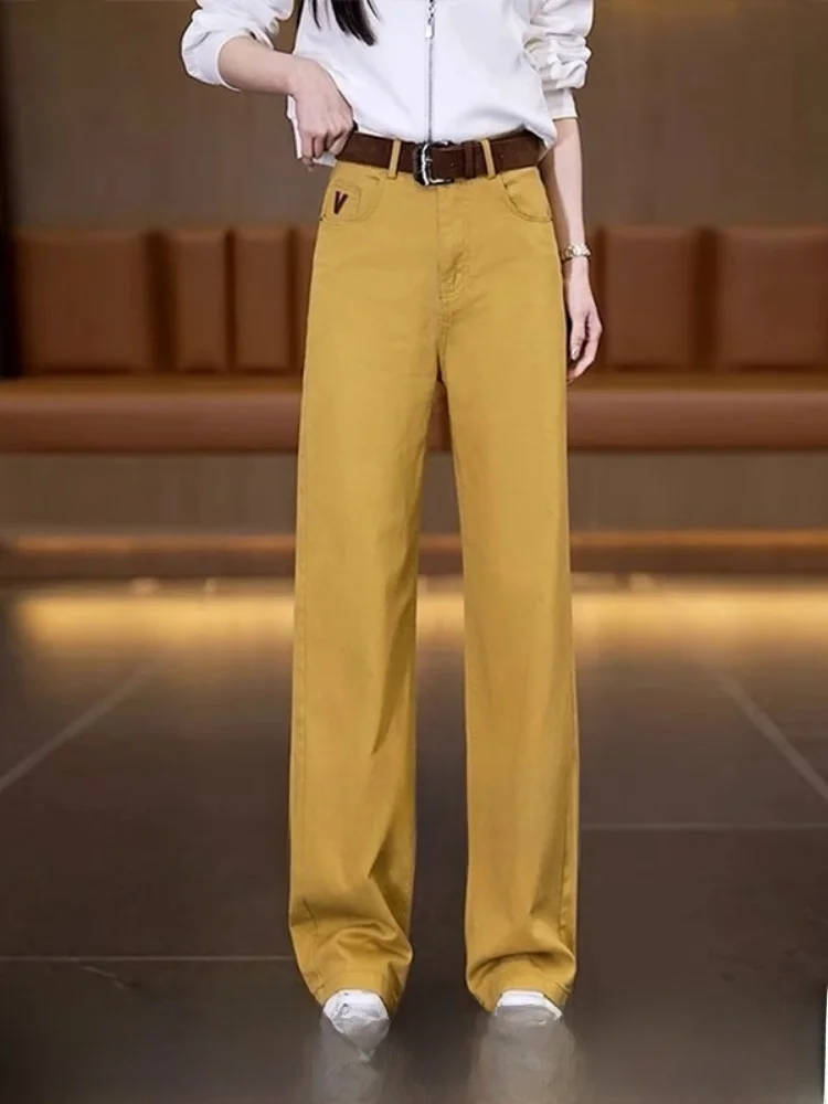 

Желтые джинсы с прямыми штанинами и высокой талией, женские весенне-летние сезонные повседневные длинные брюки с эффектом талии, подставка