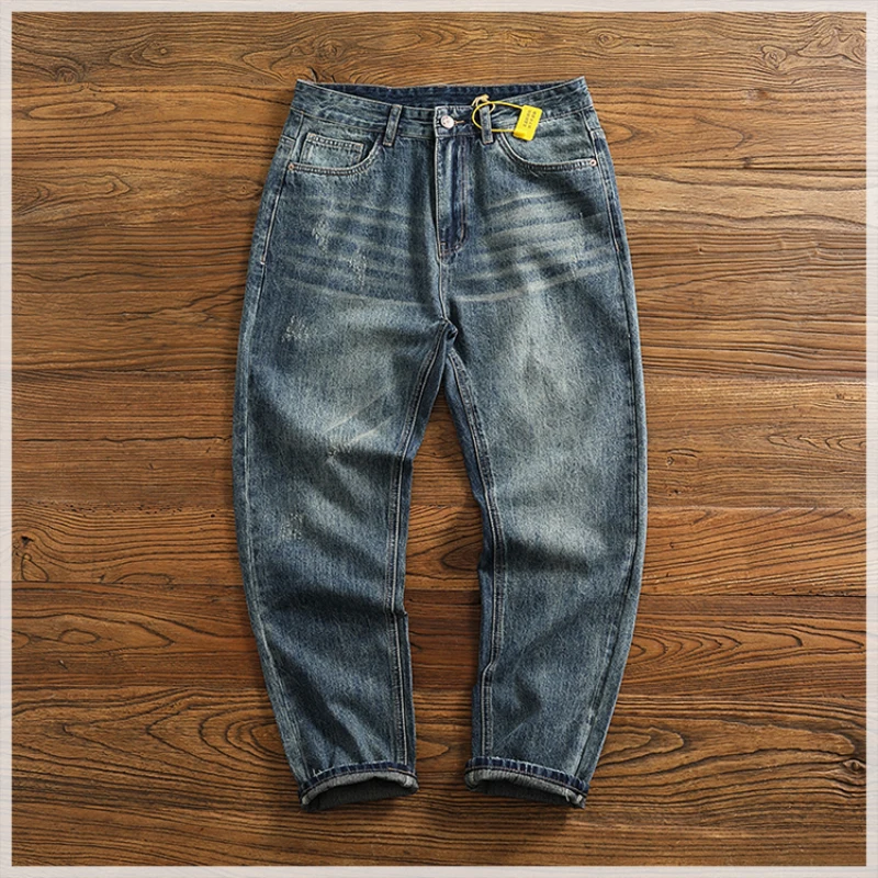 Trendy Men's New Retro American Style Cat Must Do Old Denim Trousers Casual All-match Loose Straight Pants