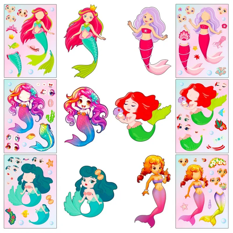 

Новые наклейки принцессы-русалки с лицом, сделай сам, головоломки, развивающие наклейки, идеально подходящие для интерактивного художественного ремесла, игры, обучающей деятельности