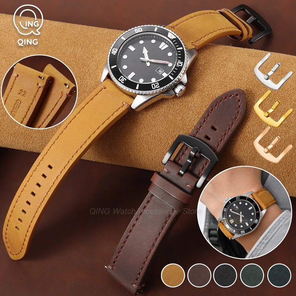 18/19/20/21/22/24mm Head Layer Cowhide Leather Strap Quick Release Vintage Watchband Men Women Universal Bracelet Soft Wristbelt