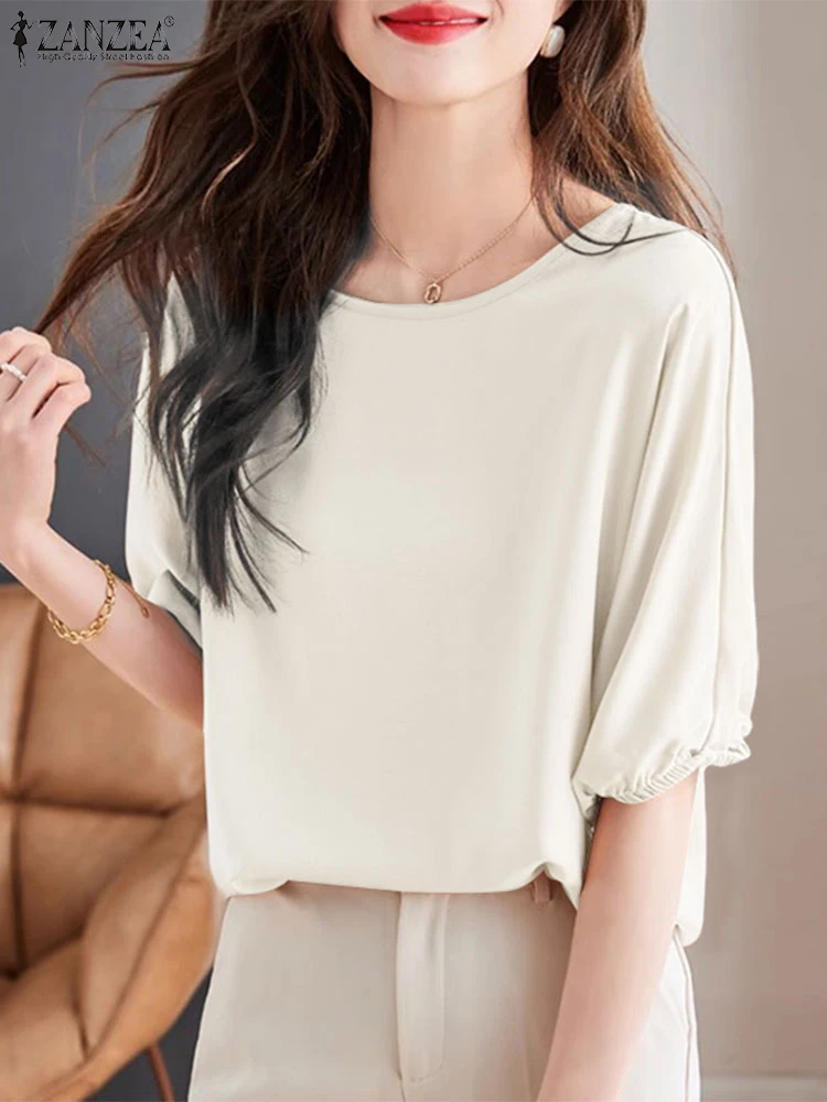 

ZANZEA Fashion Women Blouse 2025 Summer Half Puff Sleeve Solid Color Tunic Tops O-Neck Casual Shirts Loose OL Blusas Femininas