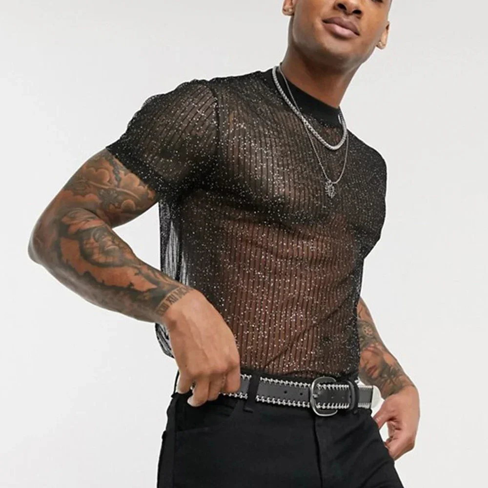 

Men 1*Top Sequin Sexy Sheer Shiny Short Sleeve Top Te Club Beach Black/Blue Casual Mesh Shirts Nightclub Party