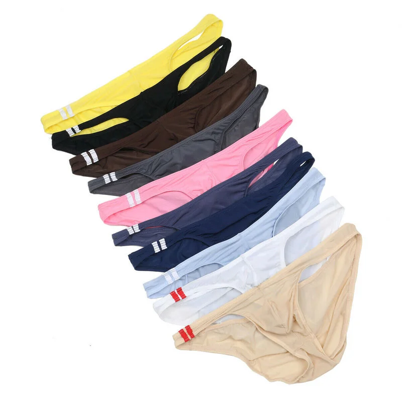 10PCS/Lot Sexy Mens Underwear Low Waist Cueca Ice Silk Underpants G-String Gay T-Back Thong Sexy Jockstrap Bikini Briefs Panties