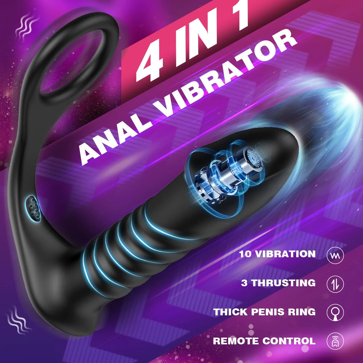 HESEKS 3IN1 Telescopic Anal Vibrator Remote Control Prostate Massage Butt Plug Prostate Stimulator Delay Ejaculation Penis Ring