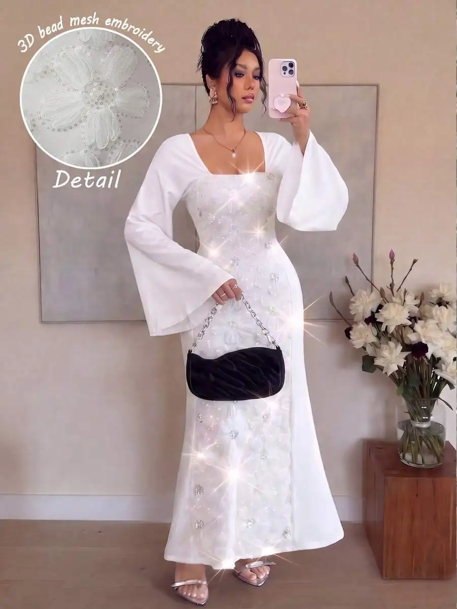

Elegant White Beaded Mesh Embroidered Long Dress With Flared Sleeves Formal Party Wedding