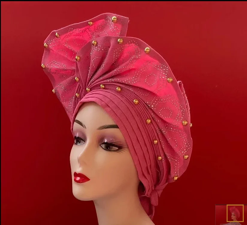 Nigeryjczyk aso oke headtie afrykański szal kobiety biały Aso Oke Gele z złote koraliki Auto nakrycia głowy afryki czapka Turban dla kobiet