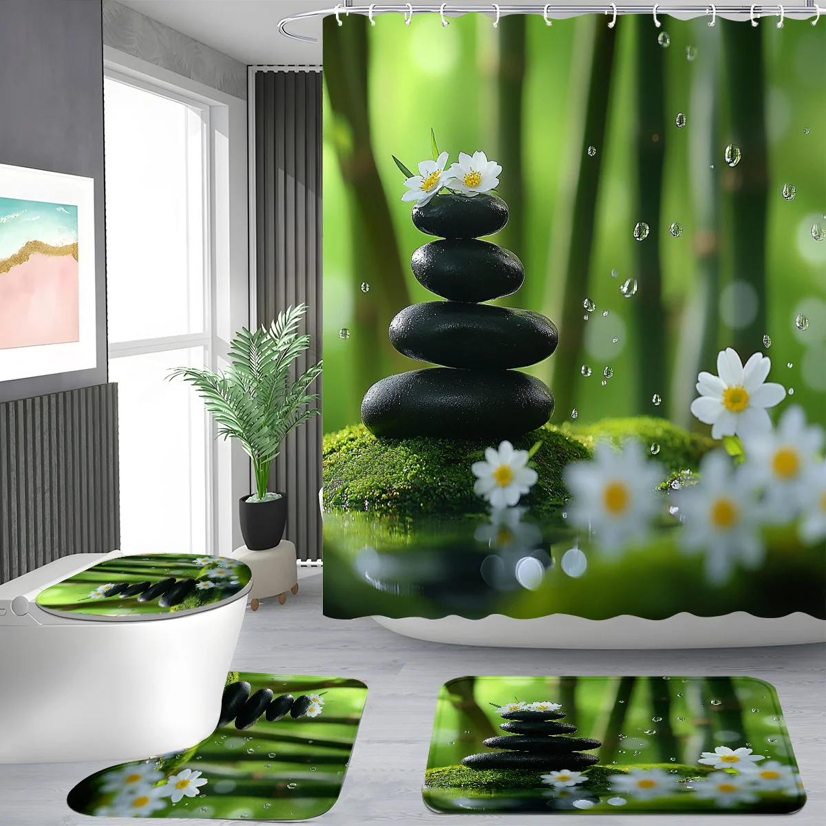

4pcs Shower Curtain Set, Serene Zen Stone Flower Design, Modern Bathroom Decor - 71inch*71inch (180cm*180cm), Includes 12 Hooks