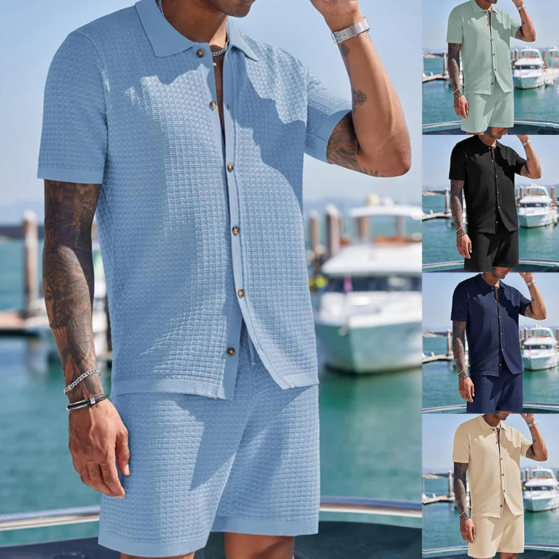 

2024 New Trendy Fashionable Men's Casual And Comfortable Button Up Collar Shirt Short Sleeved Shorts Set
