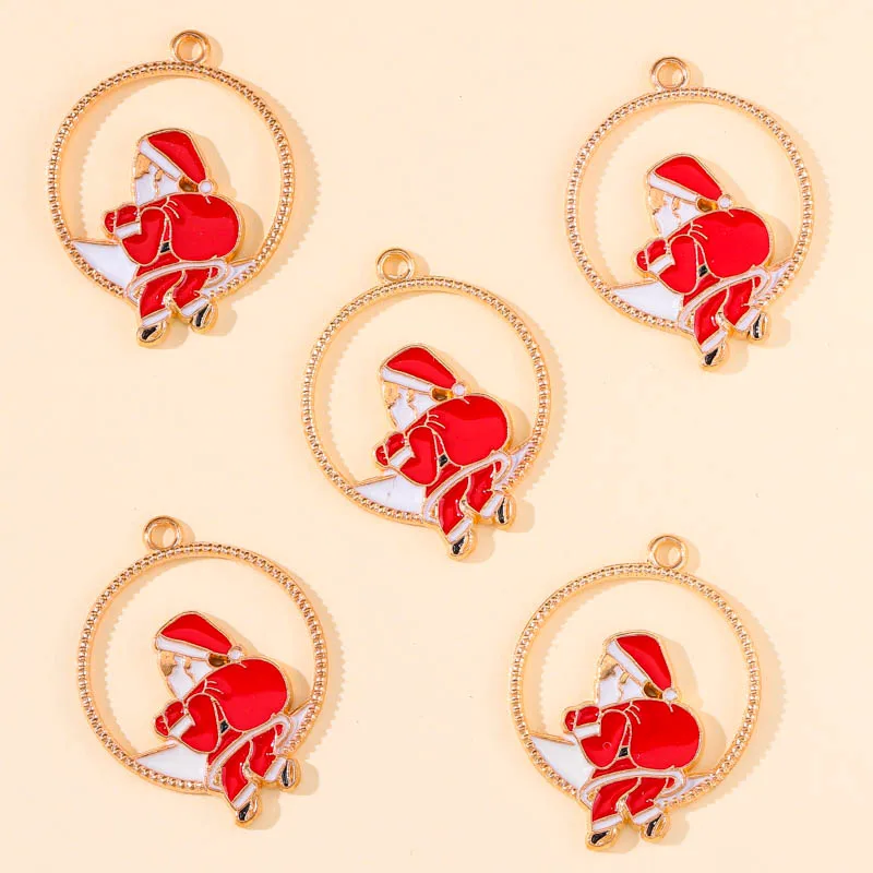 10Pcs Golden Alloy Round Hollow Out Santa Snow House Charms Pendant for DIY Christmas Ornament Earrings Bracelet Jewelry Making