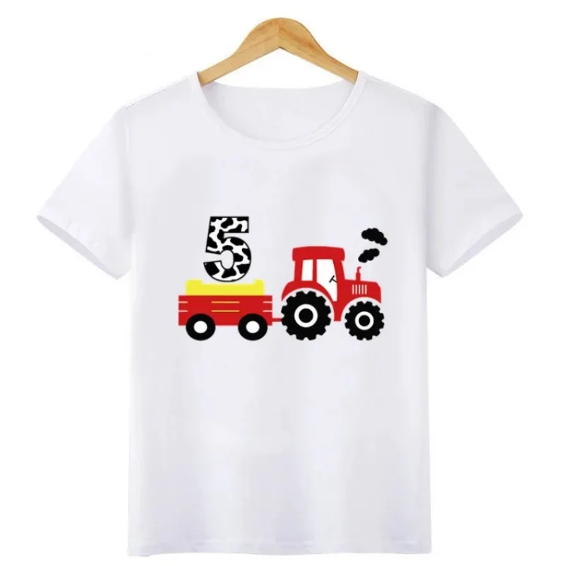 Camiseta infantil puxando desenhos animados, trator, carro, menino, aniversário, crianças, bebê, roupas de menina, moda, 1-8 anos, verão