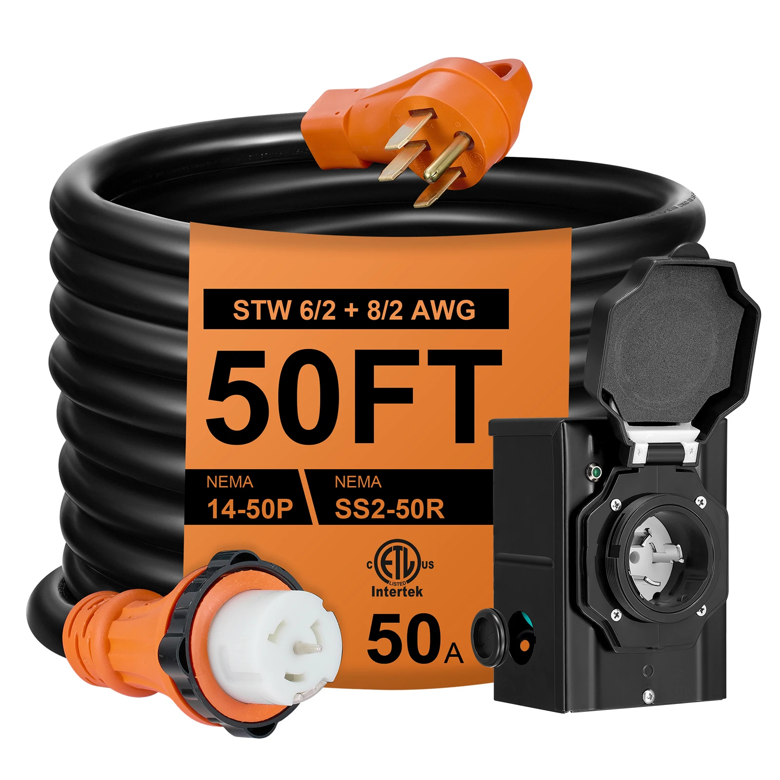 

50FT 50Amp Generator Cord with Pre-Drilled Power Inlet Box, Heavy Duty Generator Power Cord Home/RV Power Supply