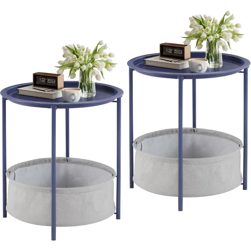 Round Side/End Table with Fabric Storage Baskets, Metal Rustproof and Waterproof Small Nightstand with Removable Tray Top