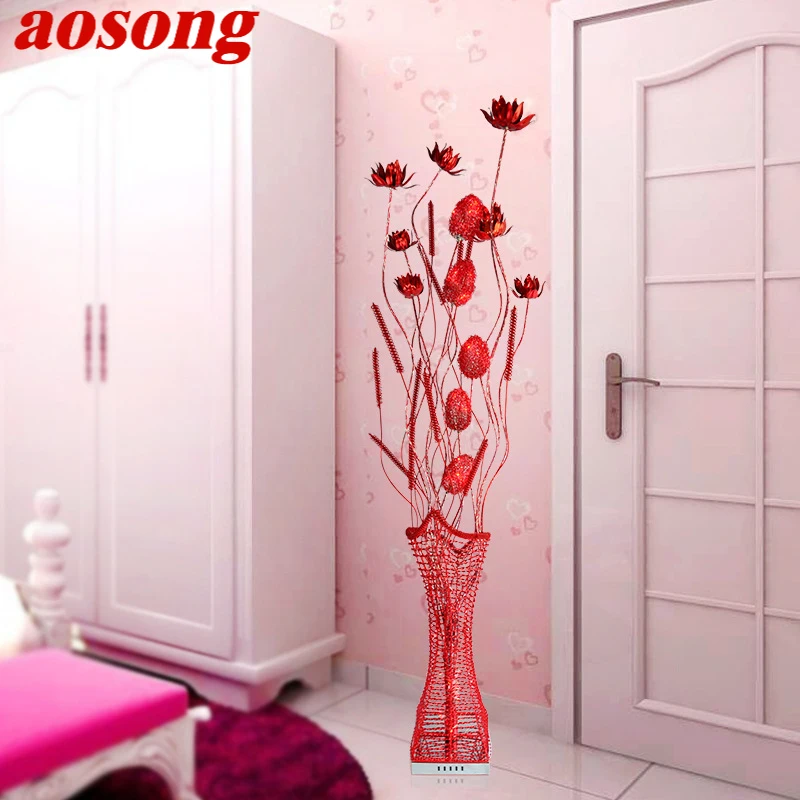 AOSONG Nordic Red Floor Lamp Modern Art Flower Living Room Sofa Bedroom  Wedding LED Originality Decorative Standing Light