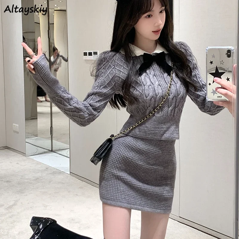 Women Sets Vintage Long Sleeve Knitted Crop Pullovers Bow High Waist Mini Skirts Hip Wrap Temper Fashion Seductive Hotsweet New