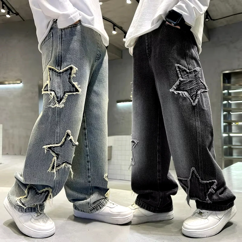 Kids Trousers New Fashion Teenager Boys Denim Wide Leg Pants Child Trousers Spring Autumn Star Splicing Raw Edge Jeans 5-14 Yrs