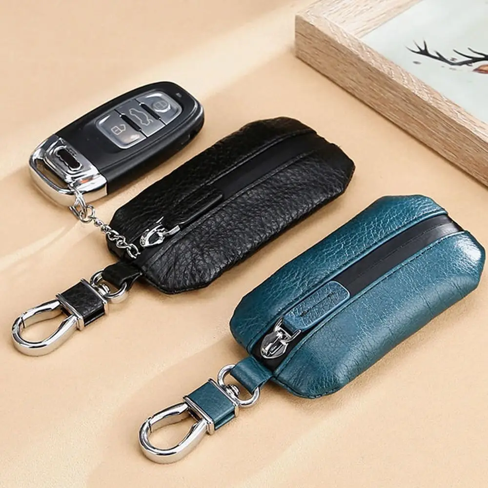 Creative Genuine Leather Car Keys Bag Waterproof Zipper Universal Car Key Cover Durable Pure Color Soft Surface Key Pouch