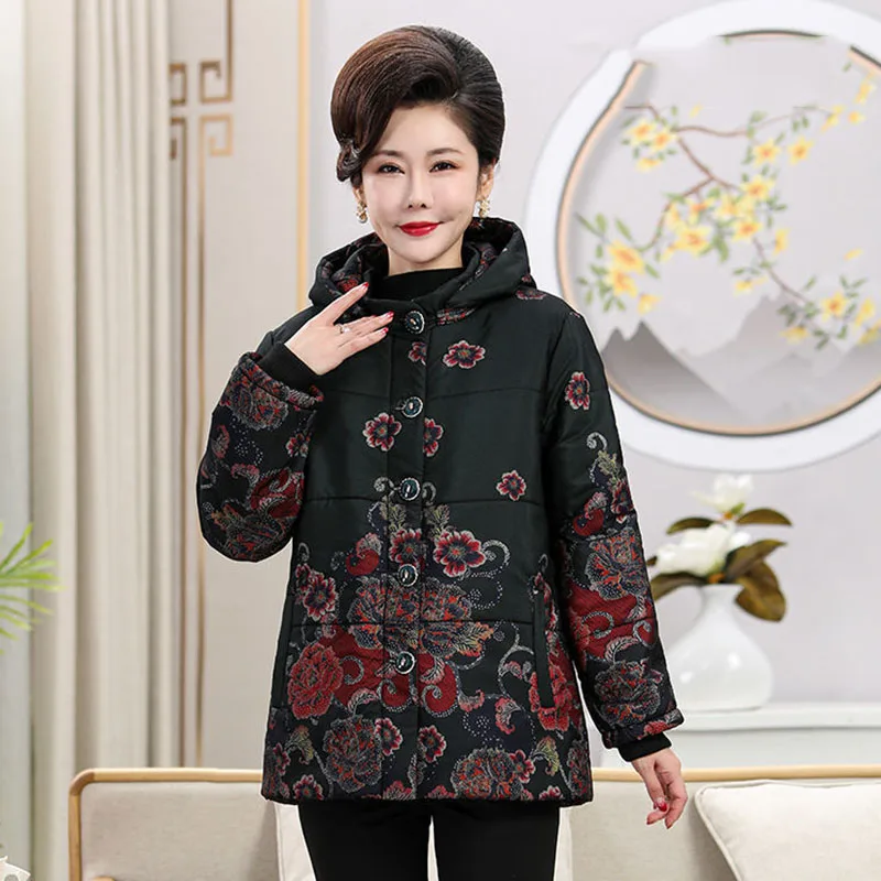Fshion Padded  Women Stand Collar Printing Winter New Fleece Warm Padded  Loose Wool Mother Casual Pocket 5XL
