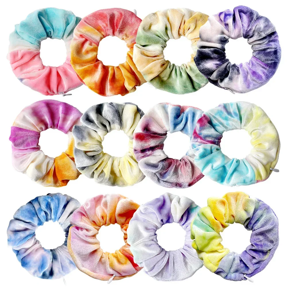 Vintage Charm Tie-dyed Soft Nap Gold Stamping Hair Rope For Women Invisible Zipper Large Intestine Ring Fashion Hair Accessories