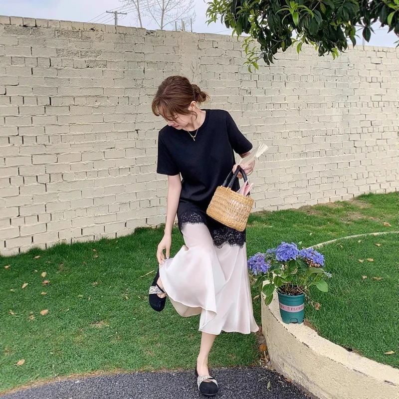 

2026 Summer New Style High End Lace Splicing Satin Fake Two Piece Dress for Women