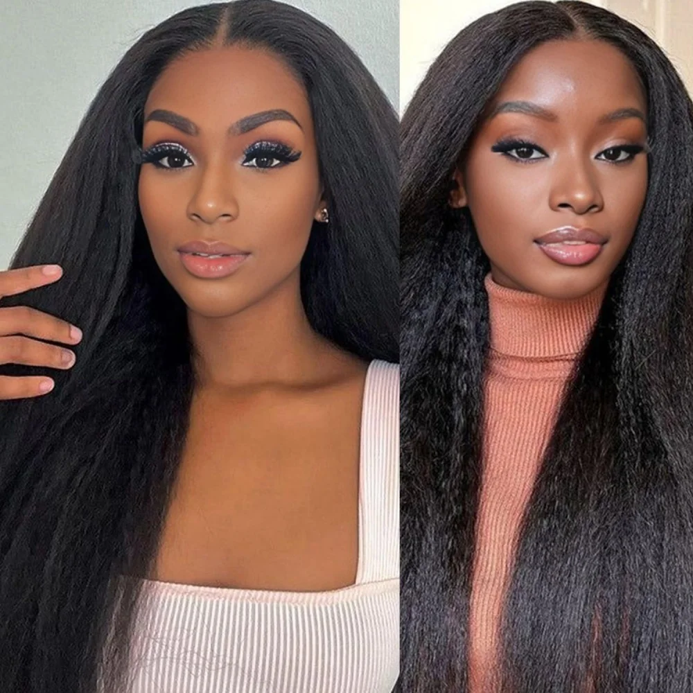 

13×4 Kinky Straight Natural Color Lace Front Human Hair Wigs Transparent Pre Plucked 220 Density Lace Frontal Wig For Women 1B