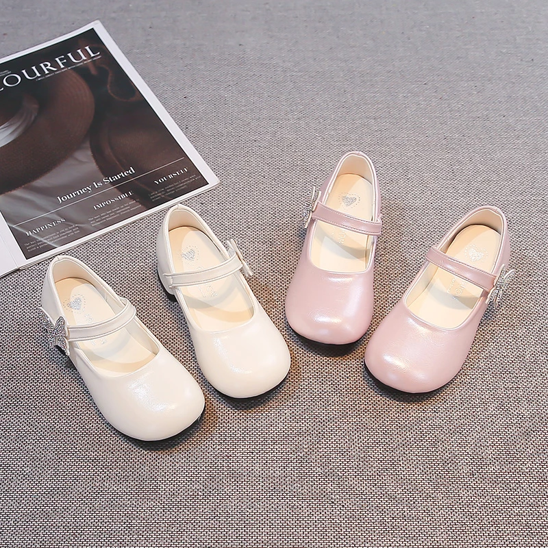 Kids Leather Shoes Round Toes Sweet Butterfly Girls Princess Shoes Elegant 2026 Brand New Children Dance Shoes High Heels