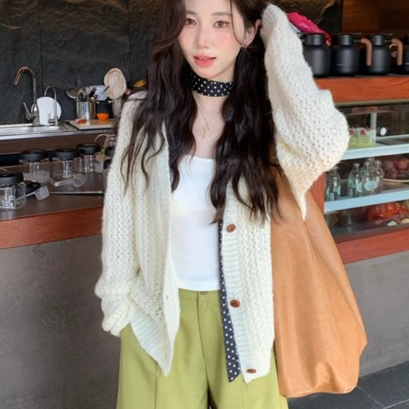 

Fashion Autumn Women Loose Long Sleeve Cardigan Sweater Winter Solid Color Elegant Casual Knitted Top Hollow Out Knitwear