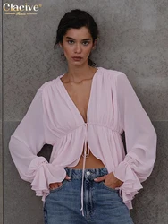 Clacive Fashion Loose Pink Women's Shirt 2025 Sexy V-Neck Long Sleeve Shirts Elegant Lace-Up Ruffle Solid Top Female Clothing