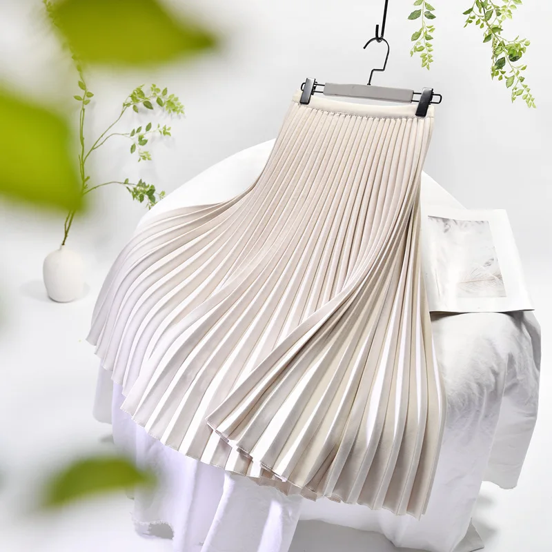 

Женская плиссированная юбка на весну 2026 года, длинная, с высокой талией, А-силуэт, розовая, цвета хаки, эластичная