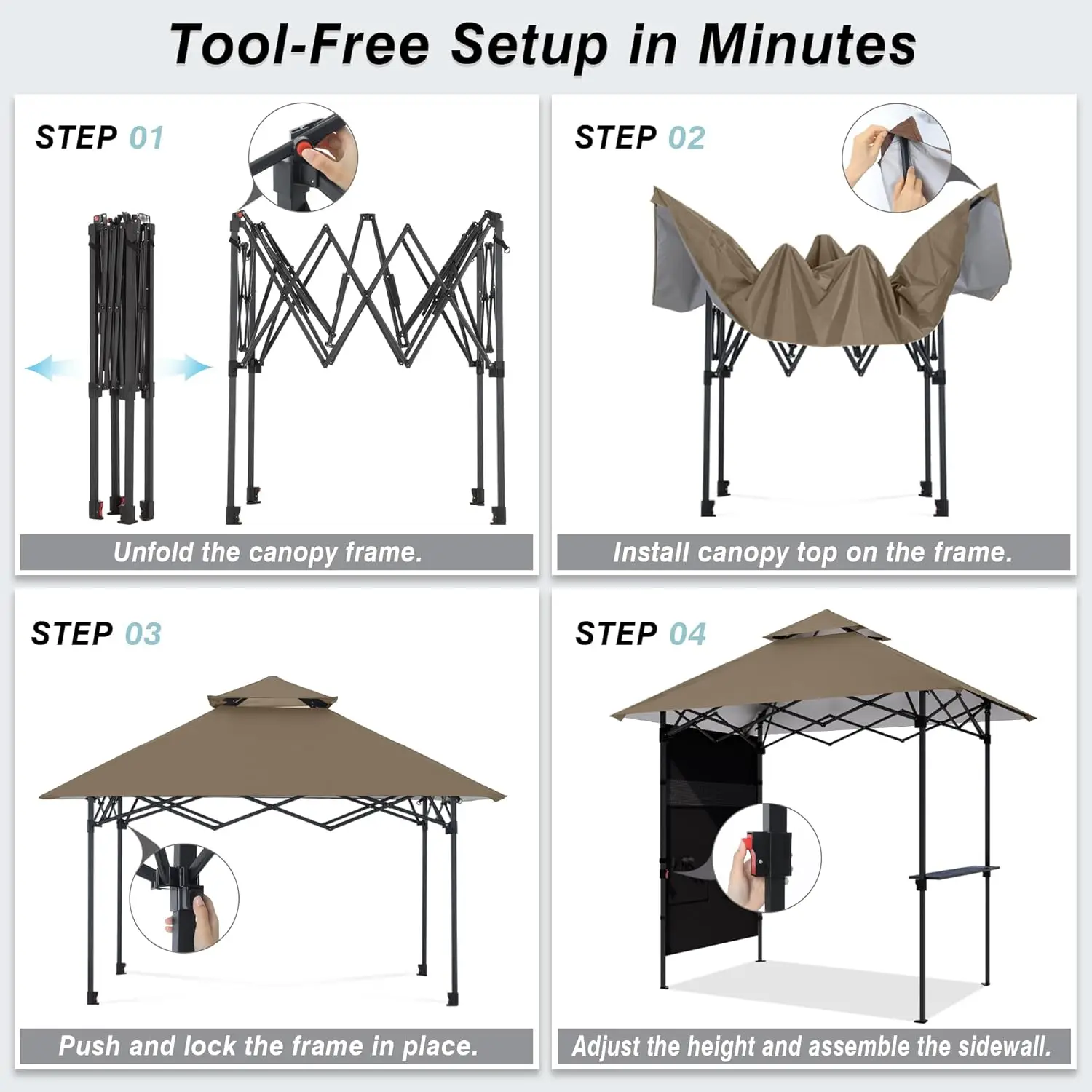 8x5 Pop Up Grill Gazebo Outdoor BBQ Canopy with Shelf & Sidewall Portable Shelter with 2 LED Lights Carry Bag, Custom
